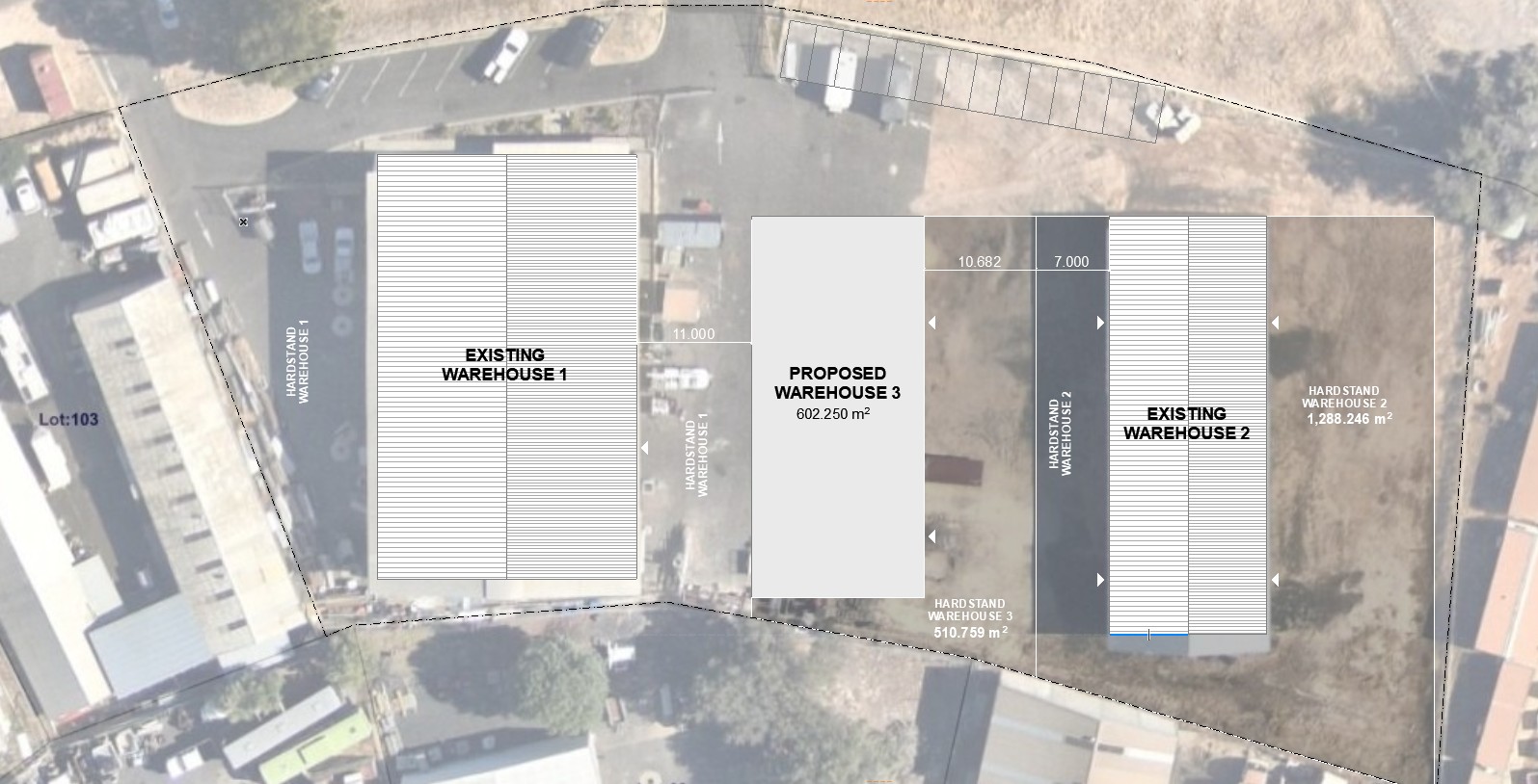 Site plan showing existing warehouses and a proposed third warehouse