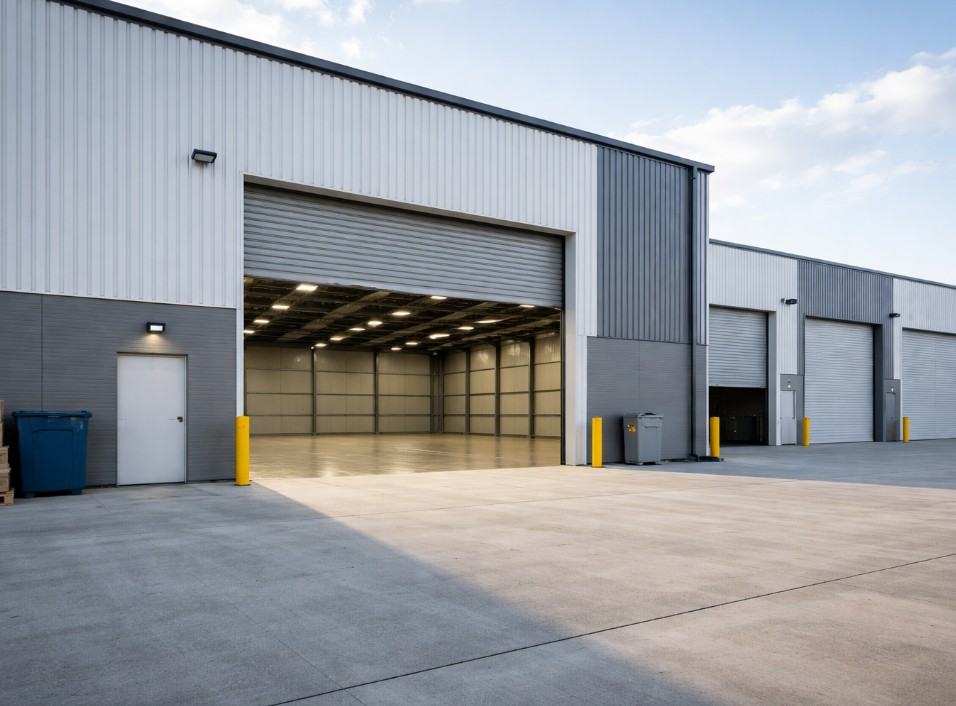 Industrial warehouse units with roller doors and concrete hardstand, typical of commercial investment assets
